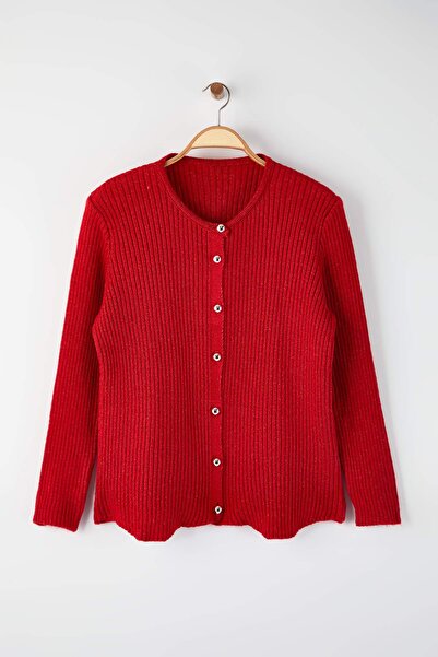 Trendyol Curve Red Crew Neck Jacket-Looking Knitwear Cardigan Tbbaw26Av00025