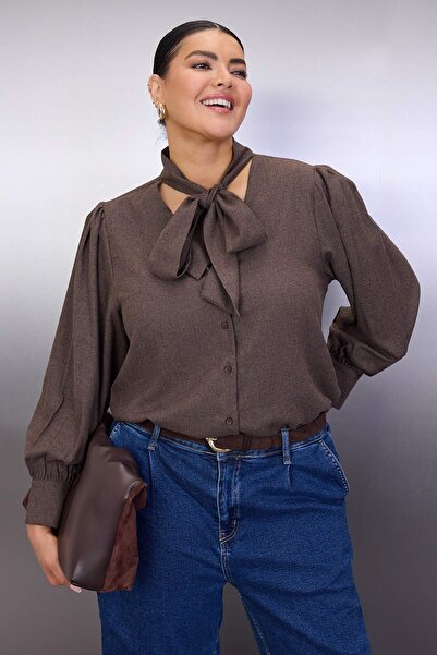 Trendyol Curve Special Collection Brown Binding Detailed Woven Oversize Blouse Tbbaw26Af00037