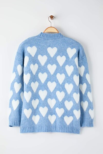 Trendyol Curve Blue Heart Patterned Pearl Soft Buttoned Knitwear Cardigan Tbbaw26Av00007