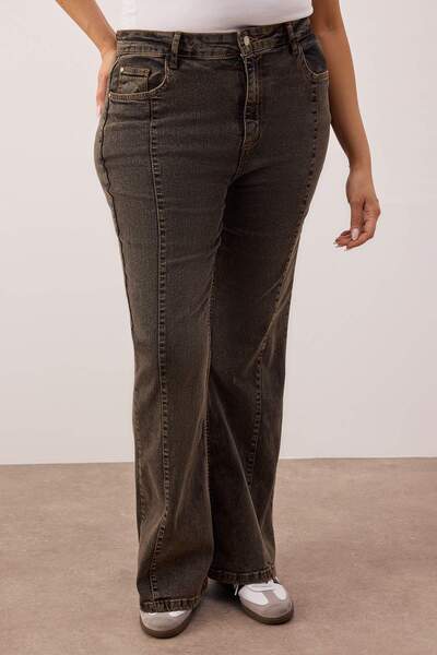 Trendyol Curve Ειδική συλλογή Καφέ ψηλόμεσο τζιν με ραβδώσεις ισπανικού τύπου με φαρδύ πόδι TBBAW26CJ00013