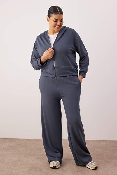 Trendyol Curve Indigo Λεπτό Μαλακό Άνετο Φαρδύ Ύφασμα Με Φερμουάρ Μπροστά Σετ Φούτερ Μεγάλου Μεγέθους TBBAW26TS00017