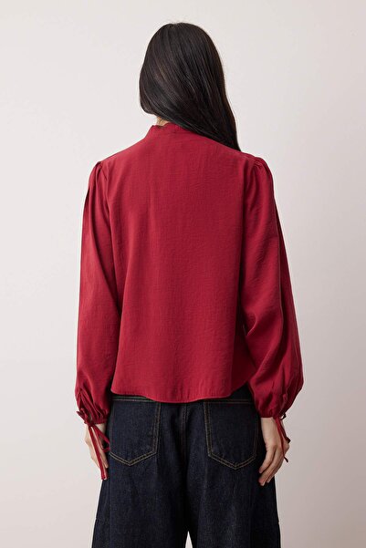 Trendyol Collection Special Collection Red Balloon Sleeve Stand Collar Modal Woven Blouse Twoaw26Bz00145