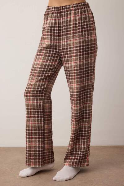 Trendyol Collection Braun-Mehrfarbiges 2-teiliges Pyjamahose aus karierter Baumwolle und gewebtem Flanell THMAW26PJ00007