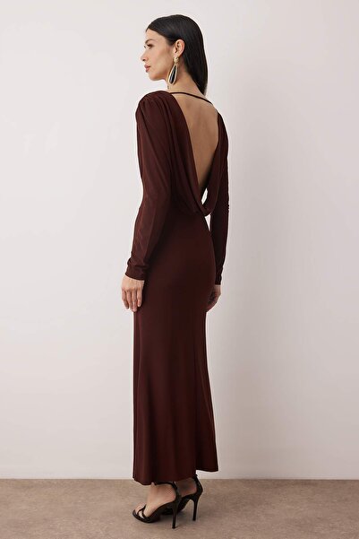Trendyol Collection Brown Knitted Back Detailed Maxi Lined Dress Tpraw26El00108