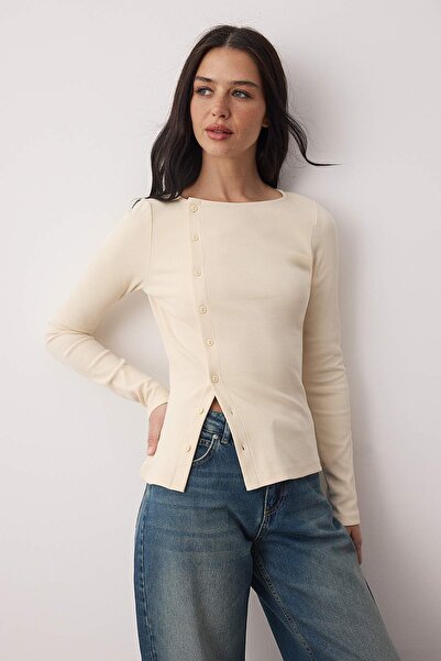 Trendyol Collection Stone Buttoned Crew Neck Body Fitted Ribbed Stretchy Knitted Blouse Twoaw26Bz00104