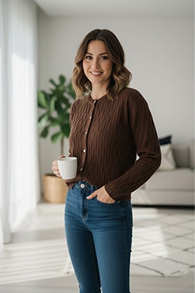 Safgiyim44 Long Sleeve Button Front Knit Cardigan Brown