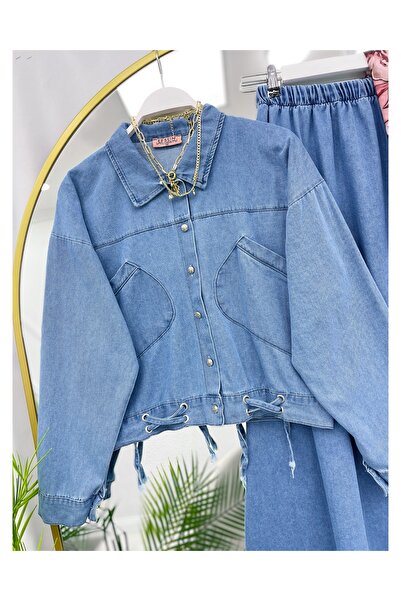 YEDİLALE Bird Eye Detail Denim Shirt Skirt Double Set