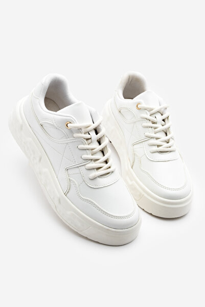 Marjin Pantofi sport pentru femei, cu cusături, talpă groasă cu model, alb Petro