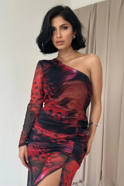 Melek Moda Rochie roșie din tul cu un singur umăr