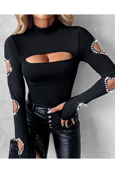 Butik    Women's Long Sleeve Semi Turtleneck Window Detail Sleeves Heart Pattern Stone Viscose Blouse