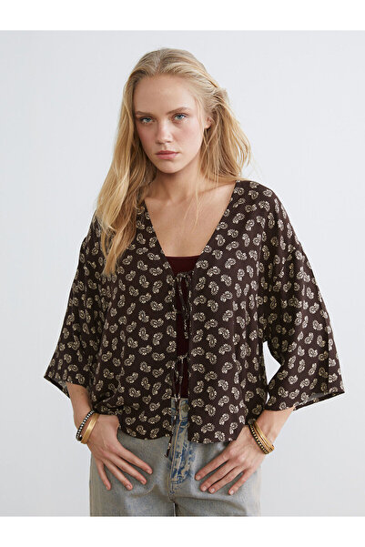 LC Waikiki Brown Tie Collar Oversize Women's Kimono