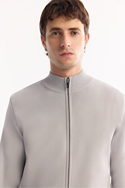 Avva Men's Gray Mock Neck Zippered Rayon Non-Pilling Regular Fit Cardigan A52Y5013