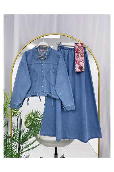 YEDİLALE Bird Eye Detail Denim Shirt Skirt Double Set