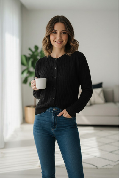 Safgiyim44 Long Sleeve Button Front Knit Cardigan Black