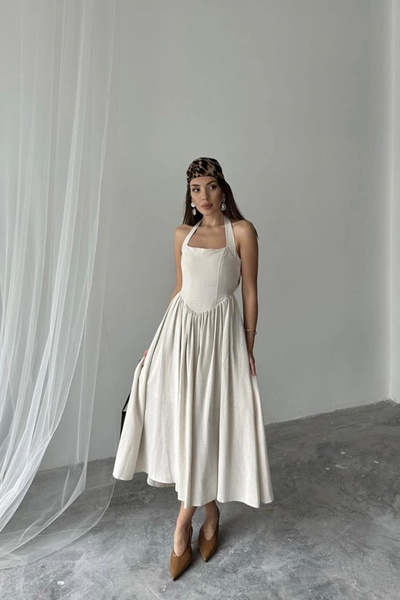 Genel Markalar Bej Boyundan Bağlamalı Keten Elbise