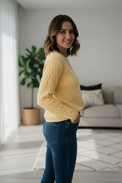 Safgiyim44 Long Sleeve Button Front Knit Cardigan Yellow