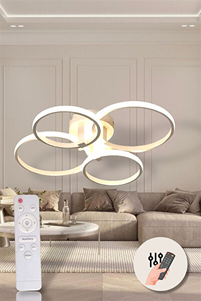EYSHOP Modern 4’lü Yuvarlak Beyaz Model 3 Renk Kumandalı/Dimmerlı LED Avize S...