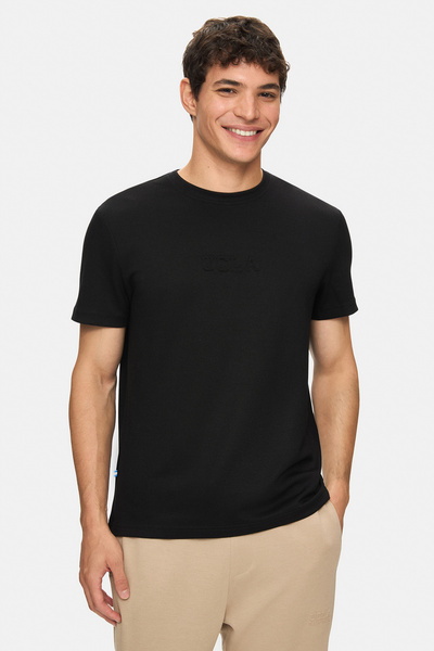 UCLA Ανδρικό μπλουζάκι CANARY με μαύρο λαιμόκοψη Seersucker με τυπωμένο Standard Fit