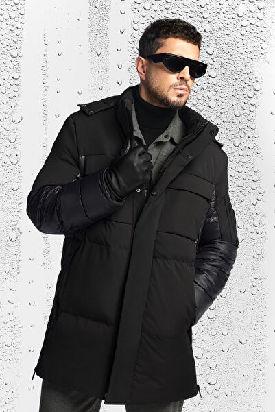 Avva Men's Black Hooded Water Repellent Windproof -10 ° C Durable Long Inflatable Coat A52Y6125