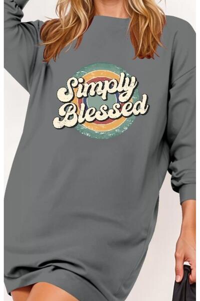 TBL DEKOR    Women's Long Sleeve Crew Neck Lettered Viscose Two Thread Dress