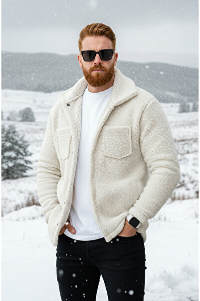 Teenage Millionaire Men's Ecru White Plush Furry Shirt Collar Model Buttoned Jacket Cardigan Coat Sweatshirt Fleece