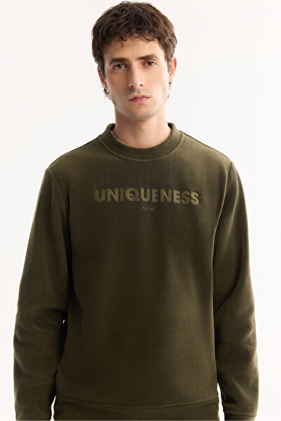 Avva Men's Khaki Crew Neck Soft Touch Printed Fleece Regular Fit Sweatshirt A52Y1269