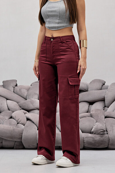 BİKELİFE High Waist - Lycra Claret Red Wide Leg Cargo Pants