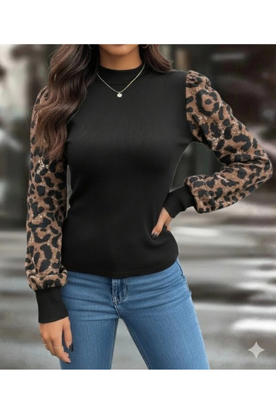 Butik Women's Long Sleeve Semi Turtleneck Leopard Detail Camisole Blouse