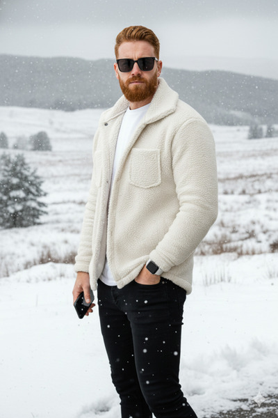 Teenage Millionaire Jachetă pentru bărbați, alb ecru, cu păr de pluș, cu guler, model cu nasturi, cardigan, haină Swea tricou fleece