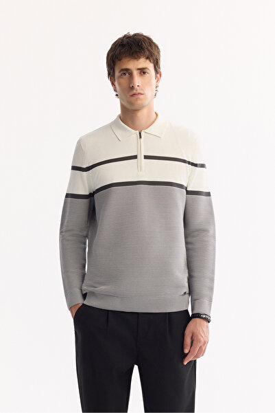 Avva Men's Gray Polo Neck Zippered Striped Knitwear Regular Fit Sweater A52Y5091