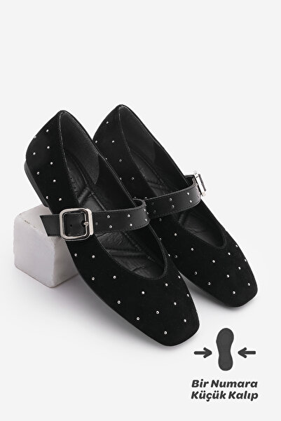 Marjin Kadın Küt Burun Tokalı Zımbalı Babet Velona Siyah Süet