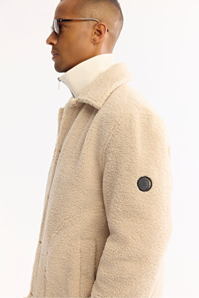 Avva Men's Beige Classic Collar Windproof -4 Degree Resistant Plush Regular Fit Coat A52Y6111