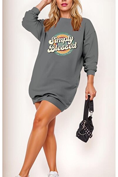 TBL DEKOR    Women's Long Sleeve Crew Neck Lettered Viscose Two Thread Dress