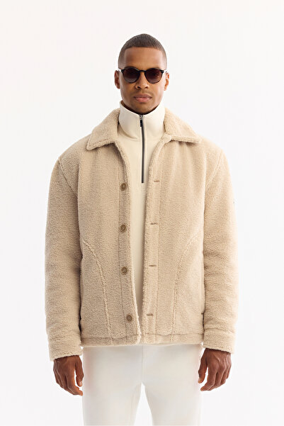 Avva Men's Beige Classic Collar Windproof -4 Degree Resistant Plush Regular Fit Coat A52Y6111