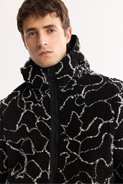 Avva Men's Black Hooded Double-Sided Windproof Plush Regular Fit Coat A52Y6116