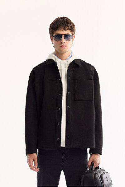 Avva Men's Black Front Snap Button Closure Pocket Suede Faux Leather Shirt Jacket A52Y6004