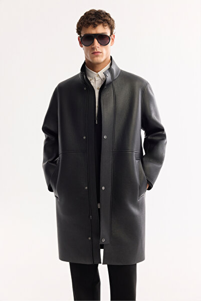 Avva Erkek Siyah Dik Yaka Rüzgar Geçirmez Uzun Napa Kaban A52Y6061