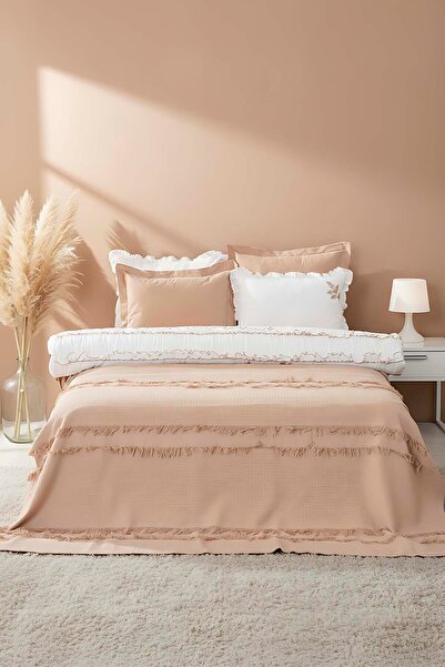 Rivaİstanbul Brianna Beige Double 100% Cotton Duvet Cover Bedspread 7 Piece Dowry Set
