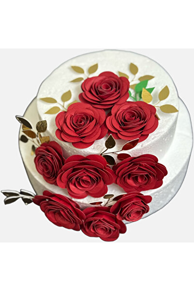 OEM Set de 6 decorațiuni pentru tort cu trandafiri rosu și aurii 5x6cm