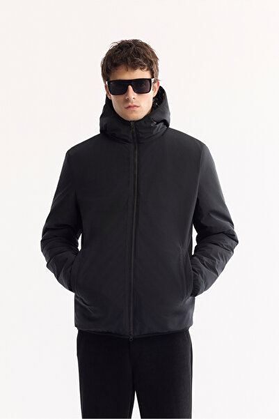 Avva Men's Black Hooded Double-Sided Windproof Plush Regular Fit Coat A52Y6116