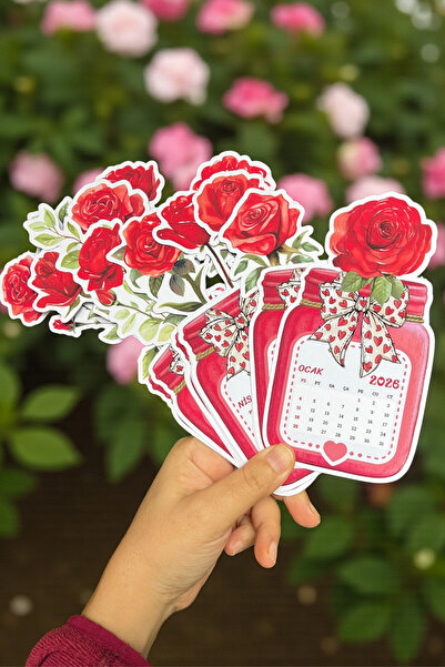 birikiyedi 2026 Ahşap Ayaklı Çiçekli Özel Tasarım Takvim, Kırmızı Gül 2026 takvim/Hediye Seçeneği