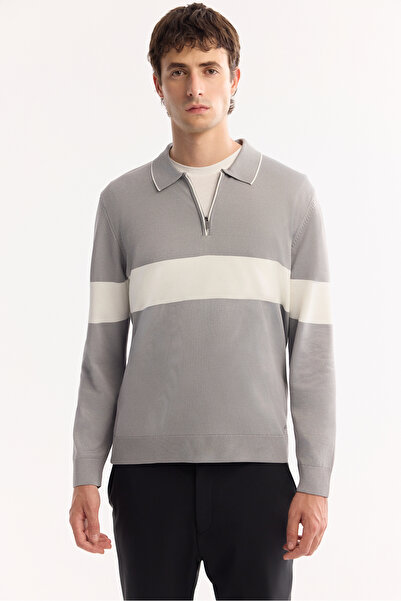 Avva Men's Gray Polo Neck Zippered Striped Knitwear Regular Fit Sweater A52Y5090