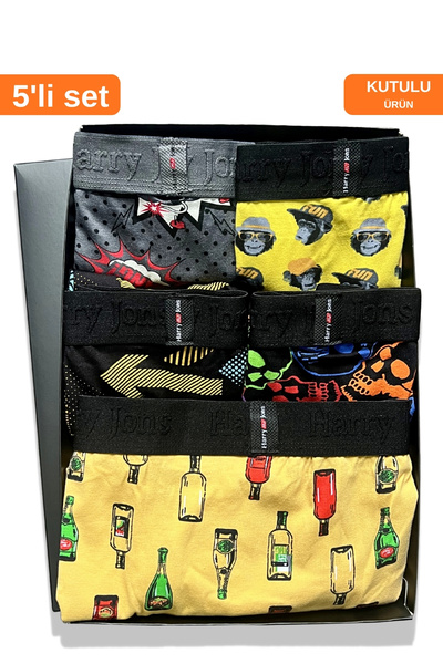 Harry Jons Erkek 5'li Desenli Renkli Pamuklu Premium Paket Boxer