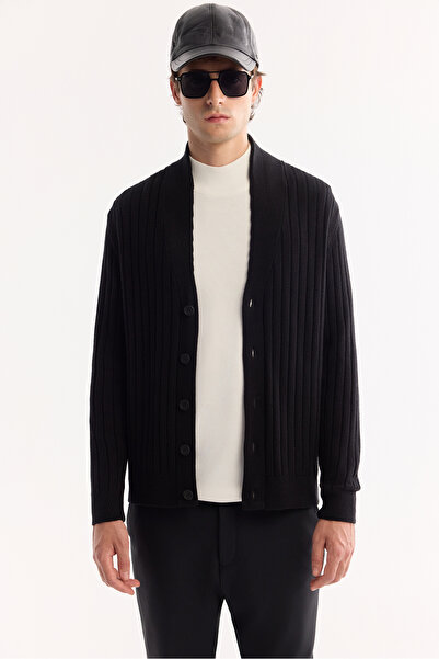 Avva Ανδρική μαύρη ζακέτα με γιακά με κουμπιά, απαλή αφή, ριγέ και κανονική εφαρμογή A52Y5042