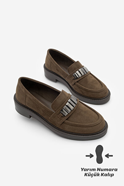 Marjin Kadın Loafer Makosen Tokalı Günlük Ayakkabı Vilyum Kahve Süet