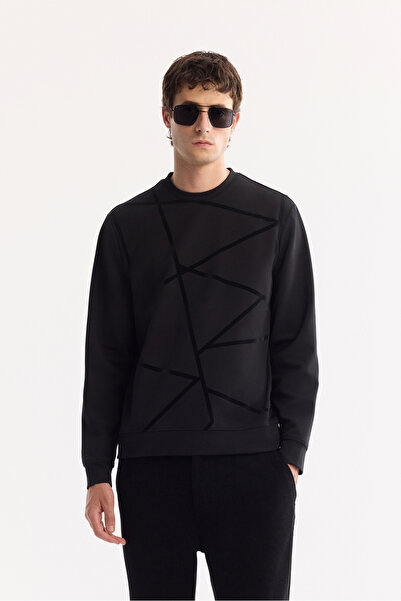 Avva Men's Black Crew Neck Cotton Bi-Stretch Printed Regular Fit Sweatshirt A52Y1285