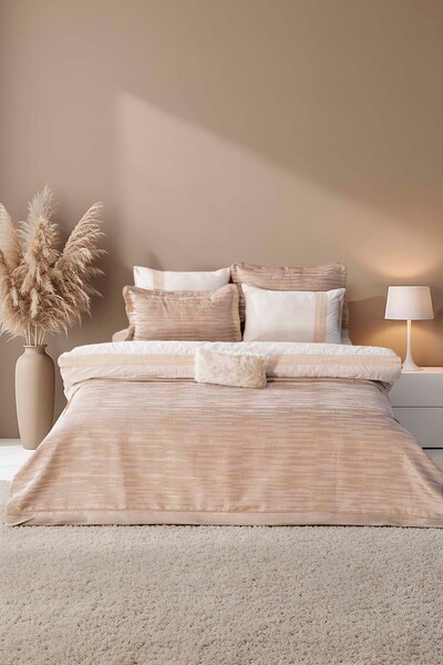Rivaİstanbul Alina Cappuccino Embroidered Double Duvet Cover Pique Set - 8 Piece Dowry Set