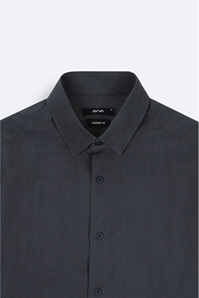 Avva Men's Anthracite Buttoned Collar Soft Touch Striped Comfort Fit Shirt A52Y2022