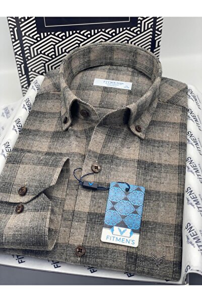 Fitmens Classic Long Sleeve Winter 100% Cotton Collared Buttoned Men's Shirt with Gift Box Fs-003135 - Brown