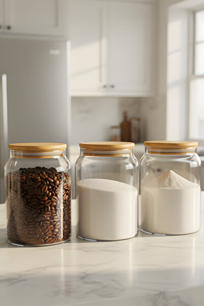 ZURİ DESİGN 3-Piece Glass Jar Set 860 Cc – Vacuum Bamboo Jar